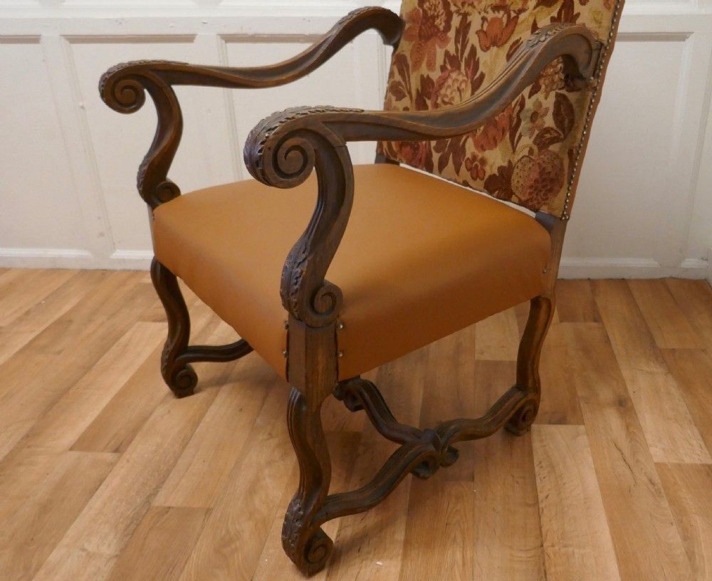 Carved French Oak Salon Throne Chair  Original Pictorial Upholstery photo Furniture