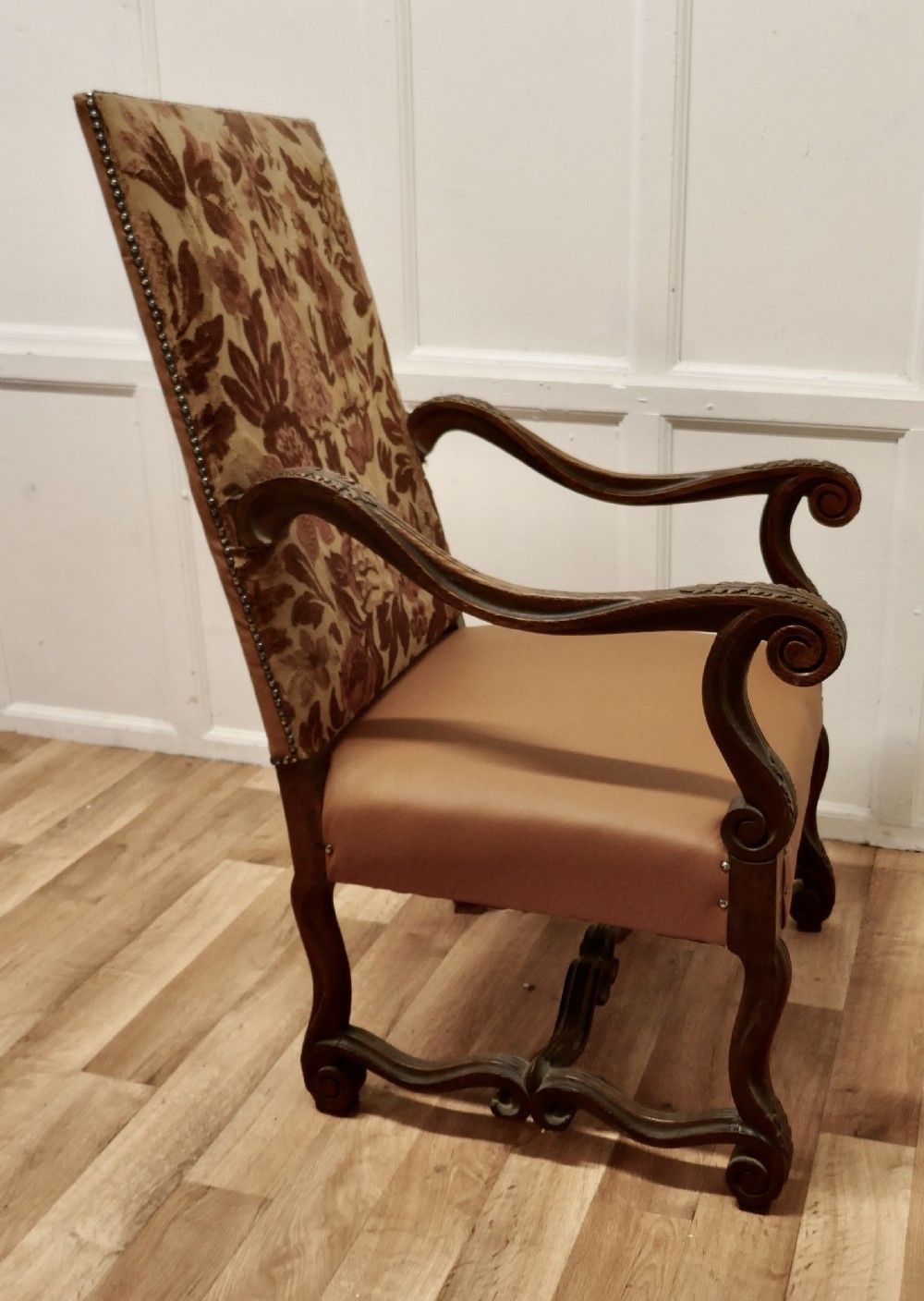 photo for sale Carved French Oak Salon Throne Chair  Original Pictorial Upholstery
