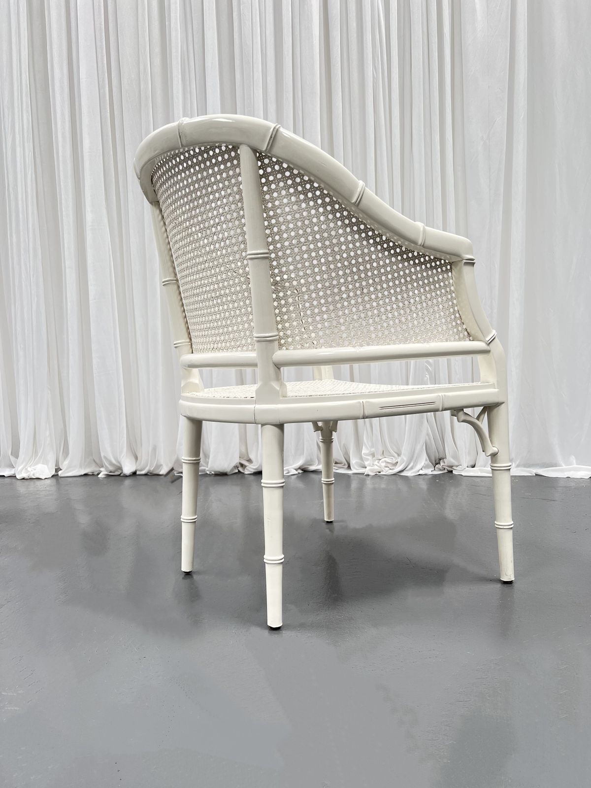 White Chippendale Style Faux Wood Bamboo Easy Chairs,  1960s. photo for sale