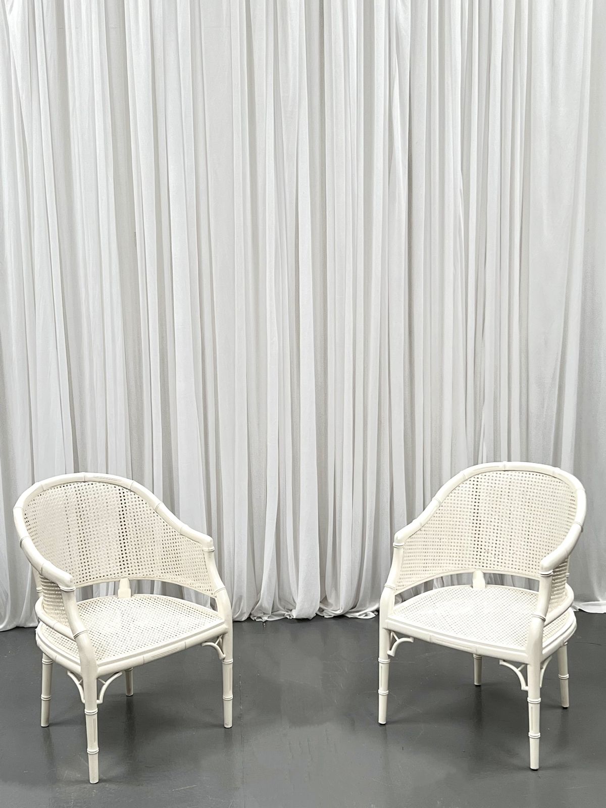 White Chippendale Style Faux Wood Bamboo Easy Chairs,  1960s.