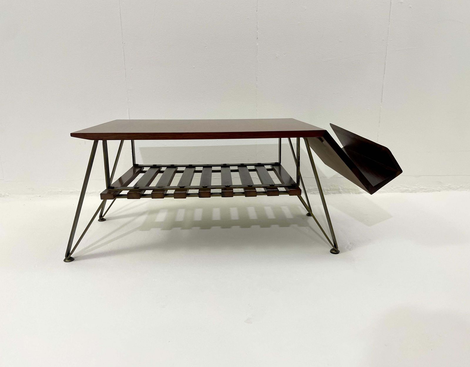 Mid Century Modern Italian Coffee Table With Magazine Rack, Wood And Metal, 1960 photo buy