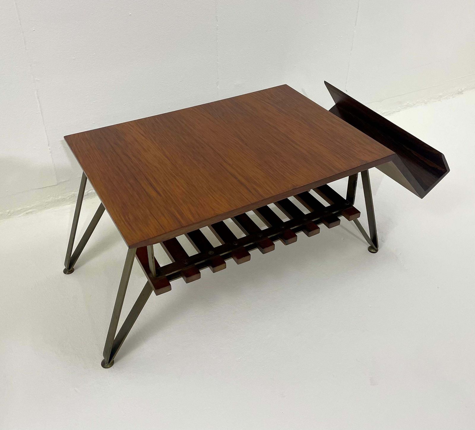 photo furniture Mid Century Modern Italian Coffee Table With Magazine Rack, Wood And Metal, 1960