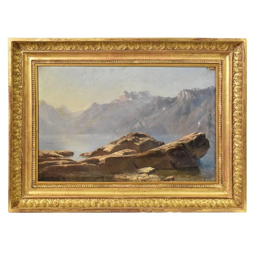 Antique Mountain Landscape Painting, Oil On Paper, XIX Century. (Qp405)
