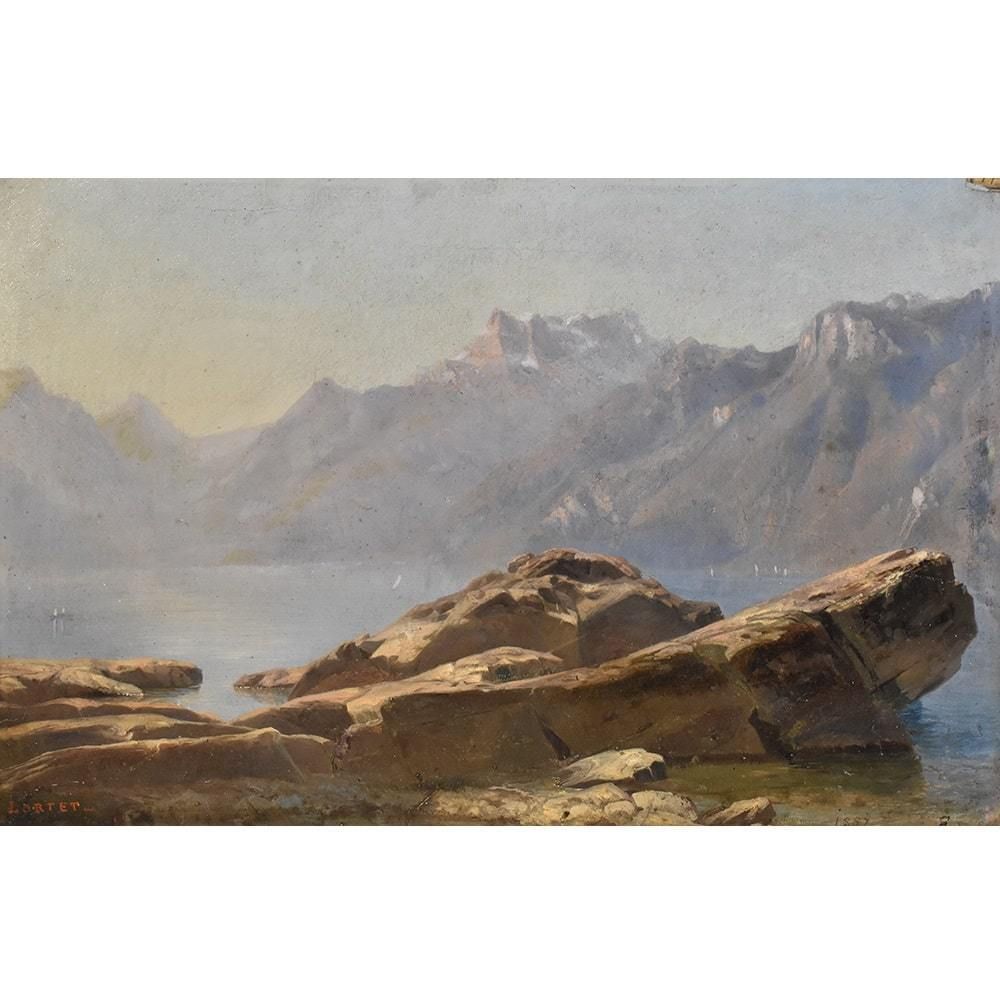 Antique Mountain Landscape Painting, Oil On Paper, XIX Century. (Qp405) photo furniture