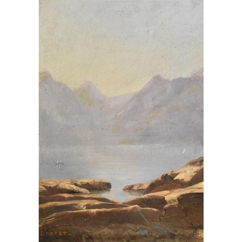 Antique Mountain Landscape Painting, Oil On Paper, XIX Century. (Qp405) photo for sale