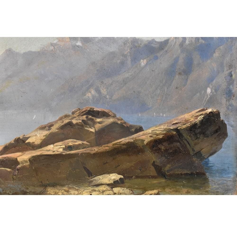 Antique Mountain Landscape Painting, Oil On Paper, XIX Century. (Qp405) photo 2300.0