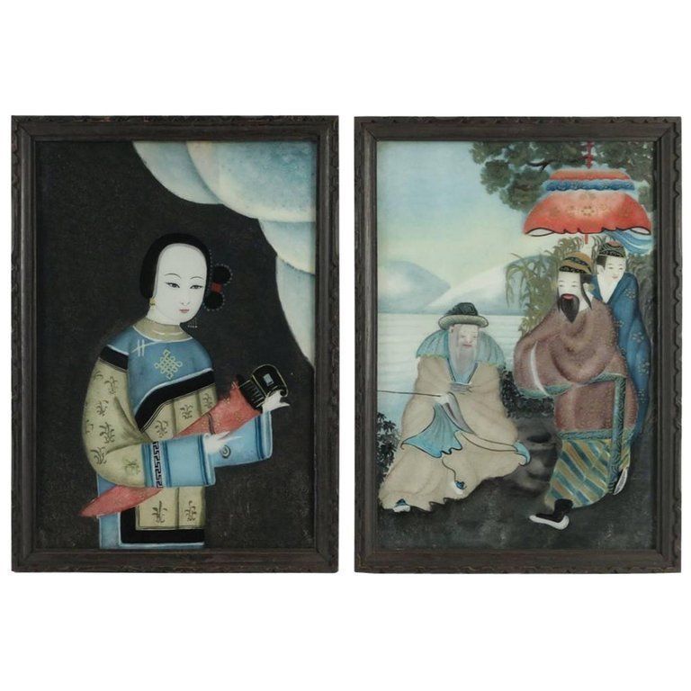 Pair Of 19th Century Asian Painting Under Glass Of Superior Quality