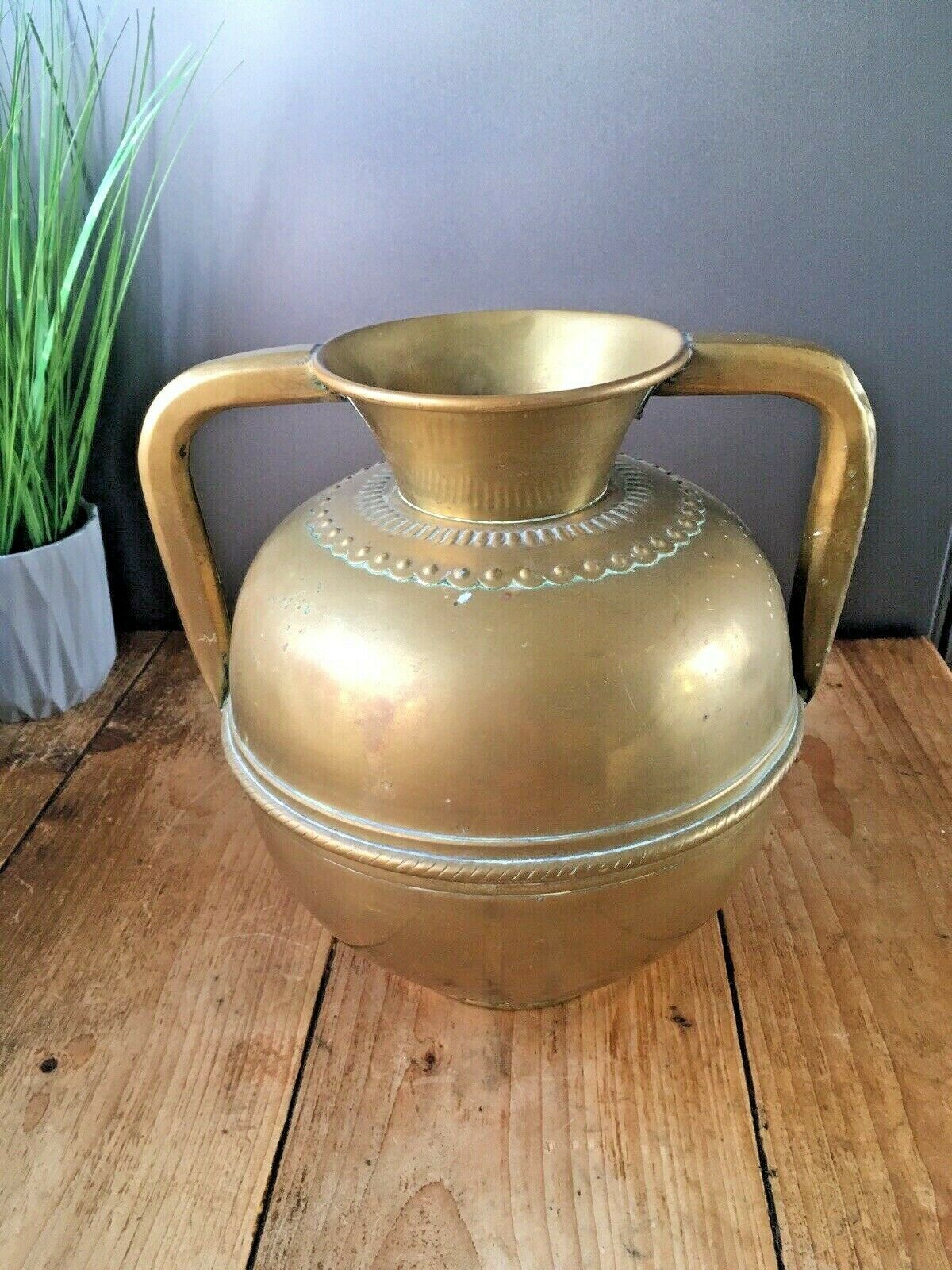 Antique French Brass Twin Handled Urn Water Jug Vase Garanti Villedieu Plant Pot photo for sale