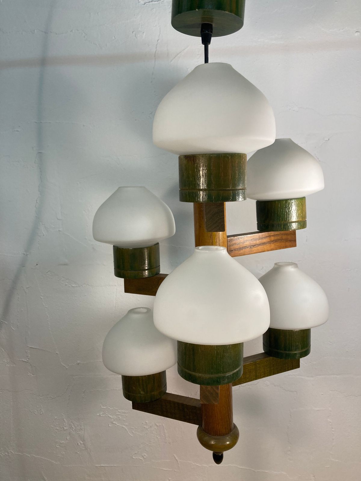 Midcentury Scandinavian Wood And Opaline Glass Hanging Pendant photo for sale