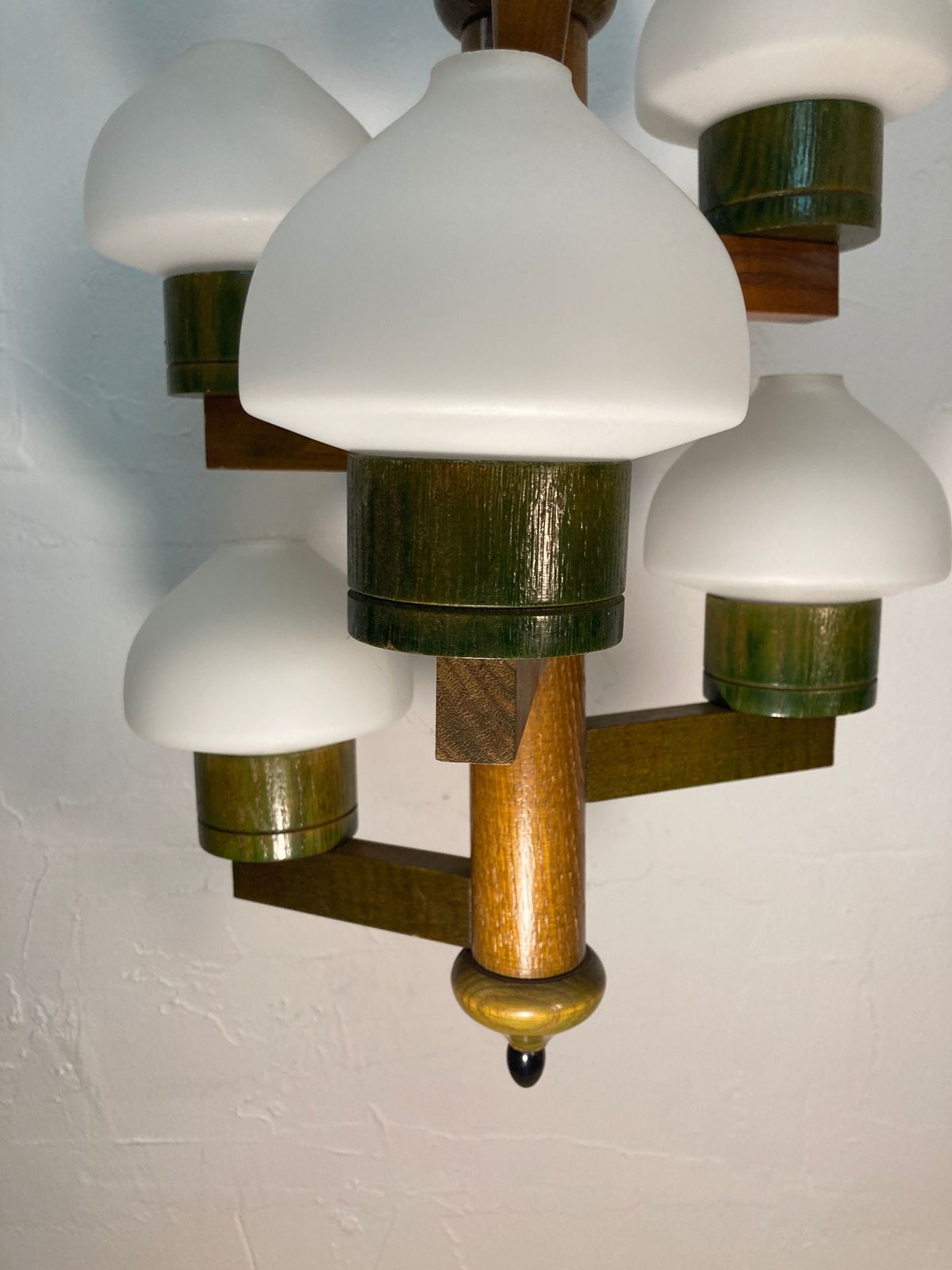 Midcentury Scandinavian Wood And Opaline Glass Hanging Pendant photo 420.16