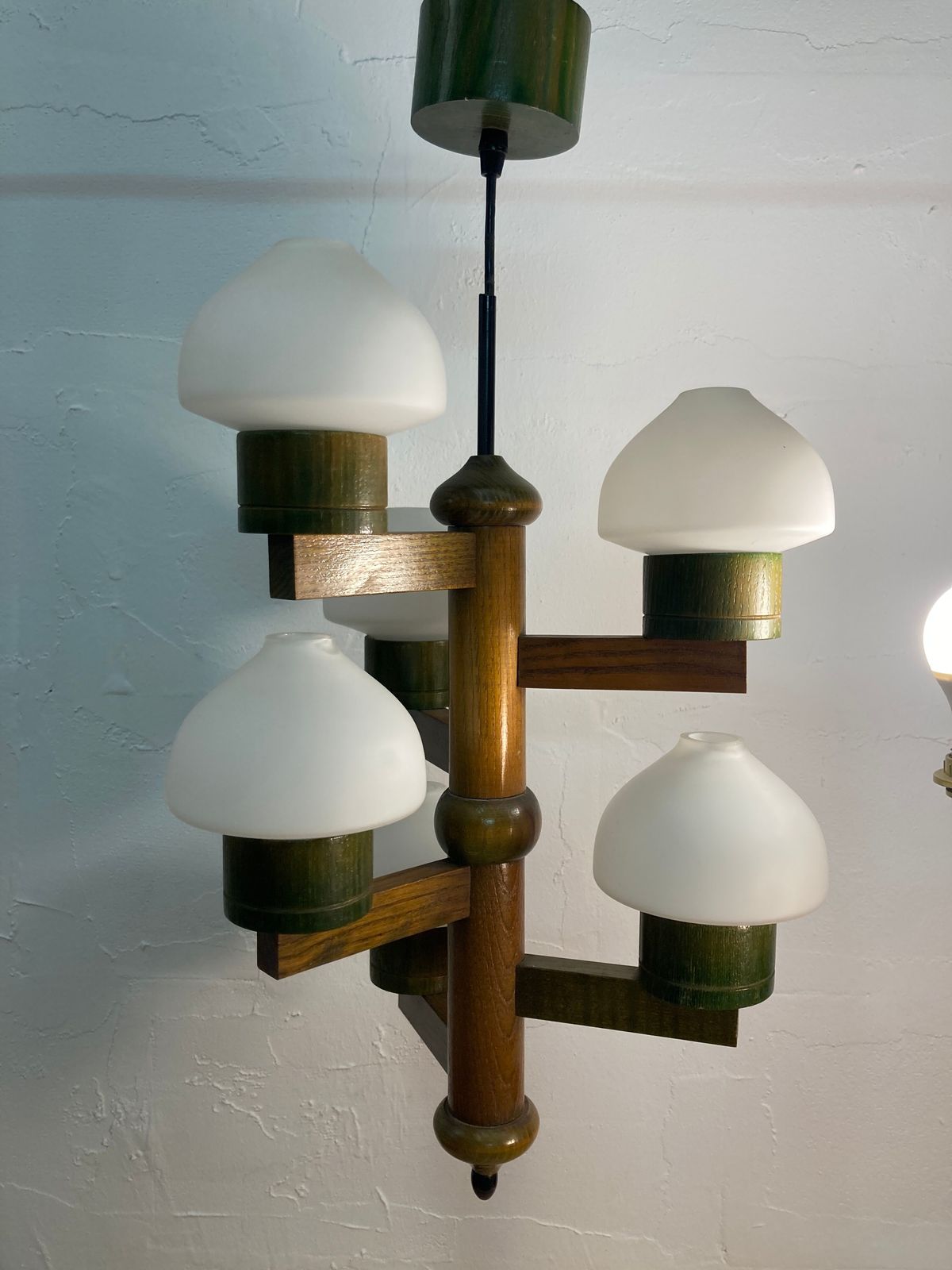 Lighting Midcentury Scandinavian Wood And Opaline Glass Hanging Pendant photo