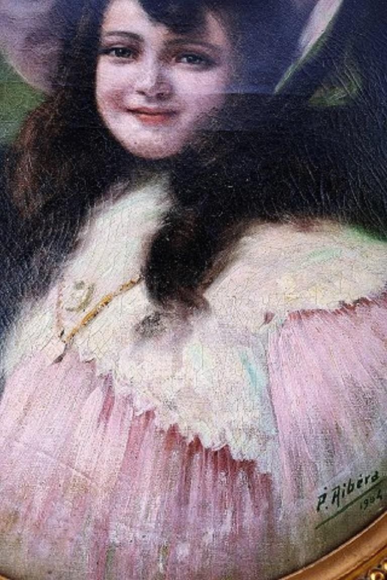 Pedro Ribera Spanish Artist, Oil On Canvas, Portrait Of A Girl photo vinterior