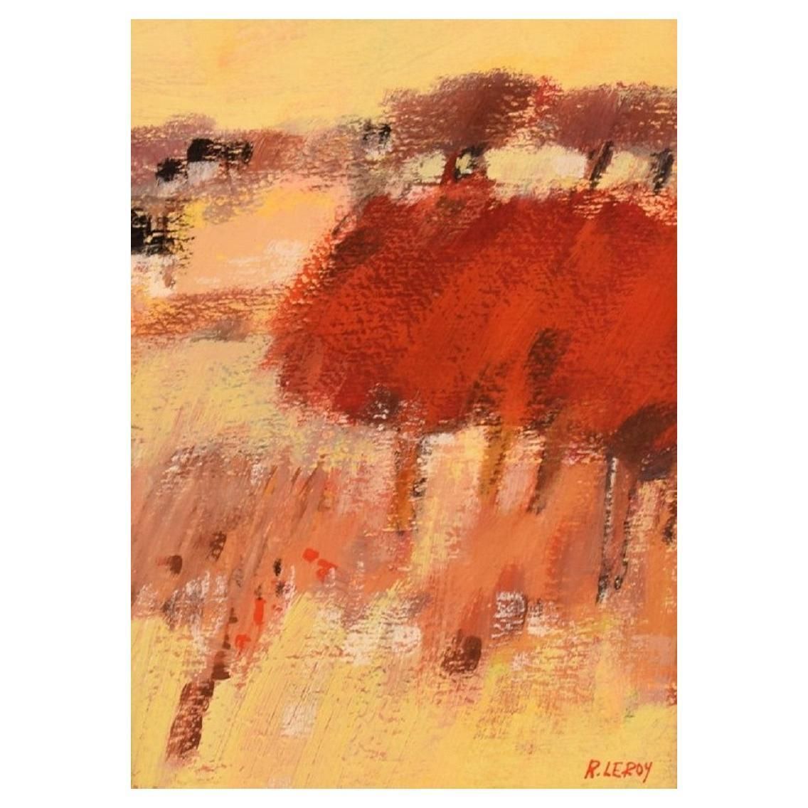René Leroy, French Artist, Pastel On Paper, "Red Countryside"