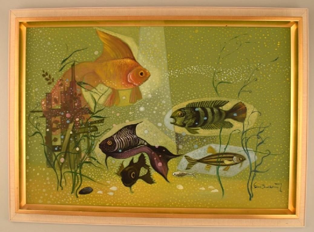 Ove Persson, Swedish Artist, Oil On Board, "Aquarium" photo furniture