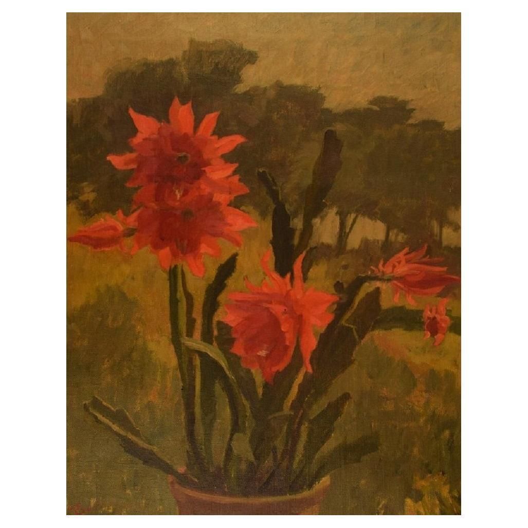 Edvard Sarvig, Denmark, Oil On Canvas, Flowers In Pot, Dated 1951