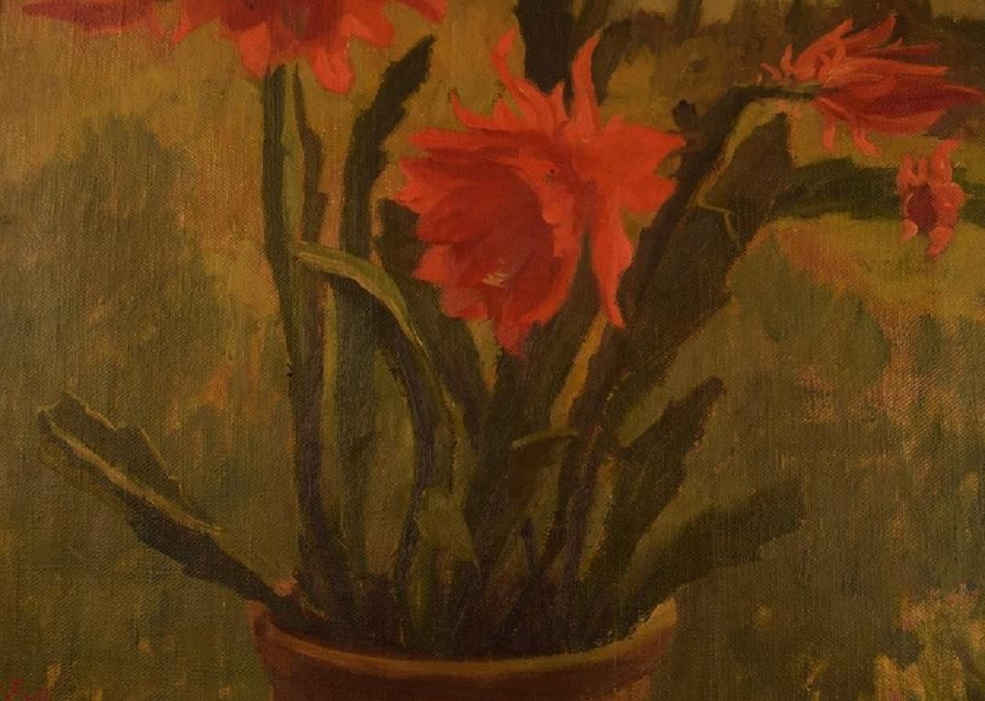 Edvard Sarvig, Denmark, Oil On Canvas, Flowers In Pot, Dated 1951 photo for sale