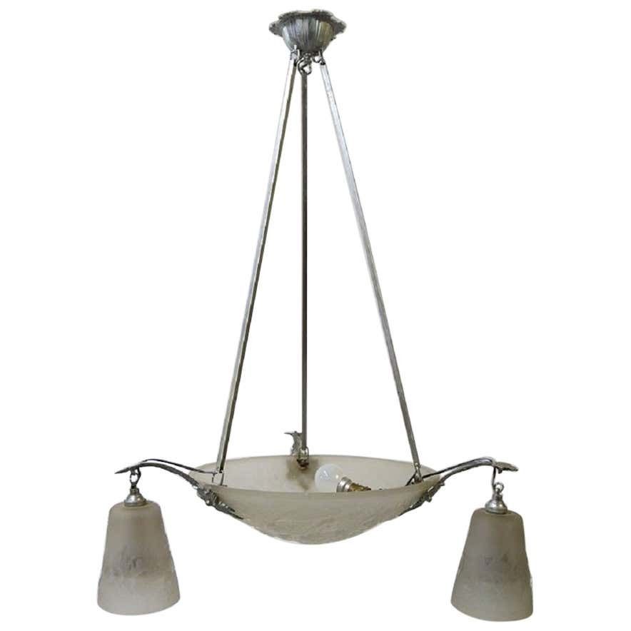 Muller Frères, Luneville, Large Impressive Chandelier In Wrought Iron, 1930s/40s