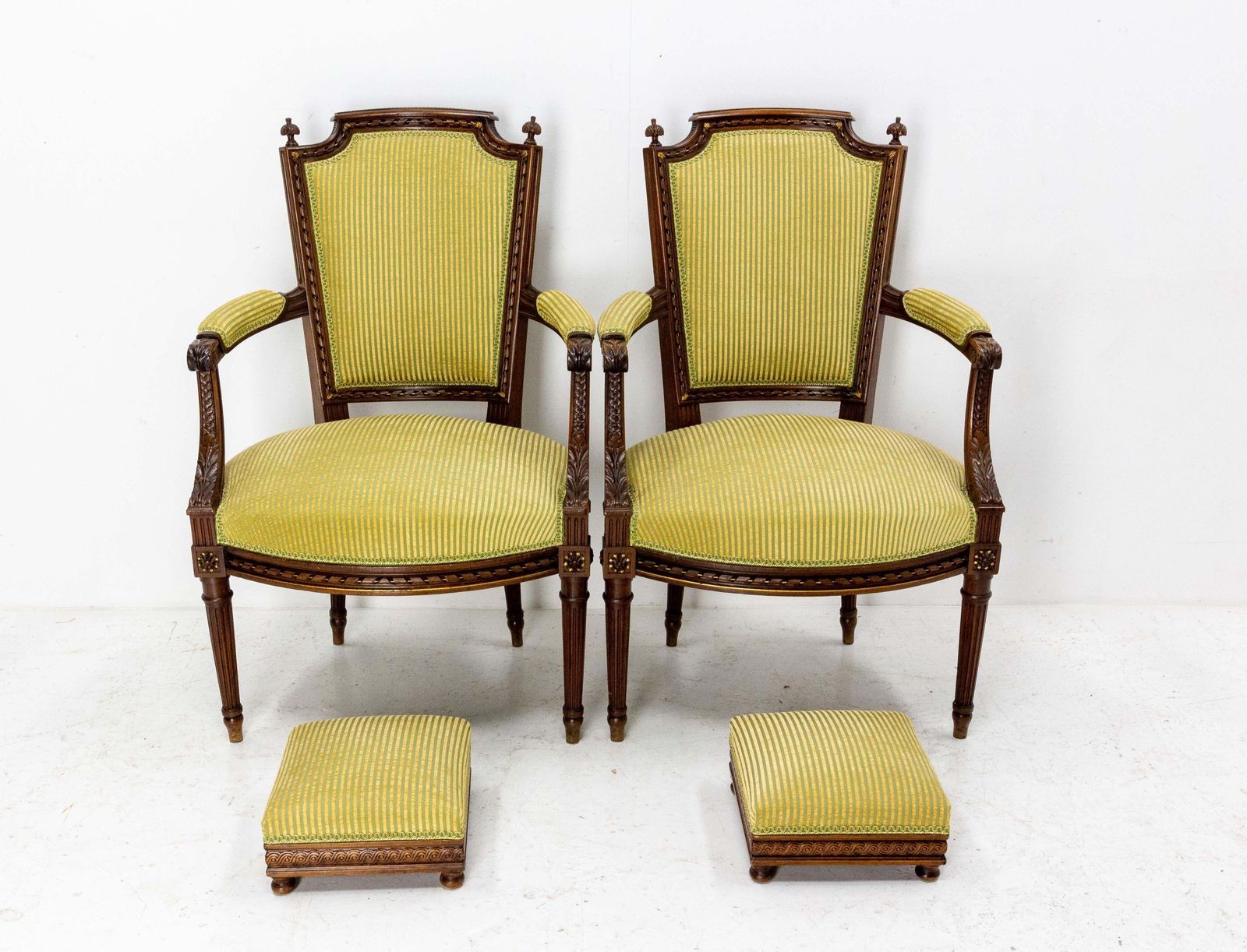 Pair Of Louis XVI Revival Open Armchairs French With Footstools, Midcentury photo for sale