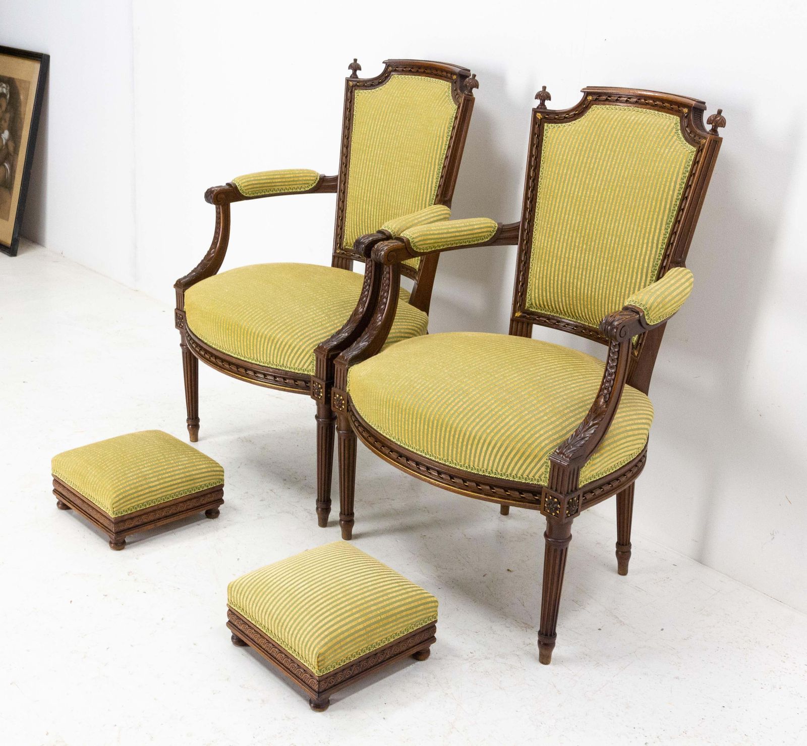 Pair Of Louis XVI Revival Open Armchairs French With Footstools, Midcentury photo Furniture