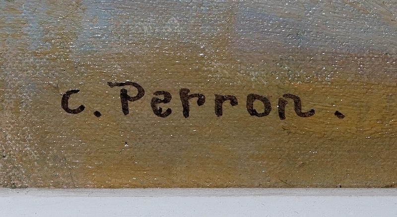 photo vinterior Painting Rural Scene Signed C. Perron – Early 20th Century