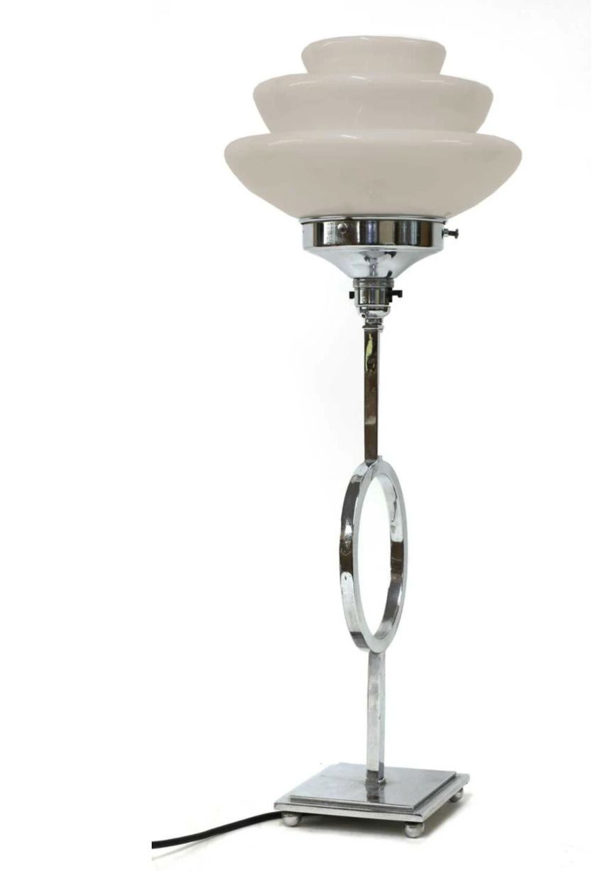 1920's French, Chrome And Milky Opaline Tiered Table Lamp.  Provenance: The Lawrie Gatehouse Collection, A Collector Of Fine Art Deco Furniture. Ol photo furniture