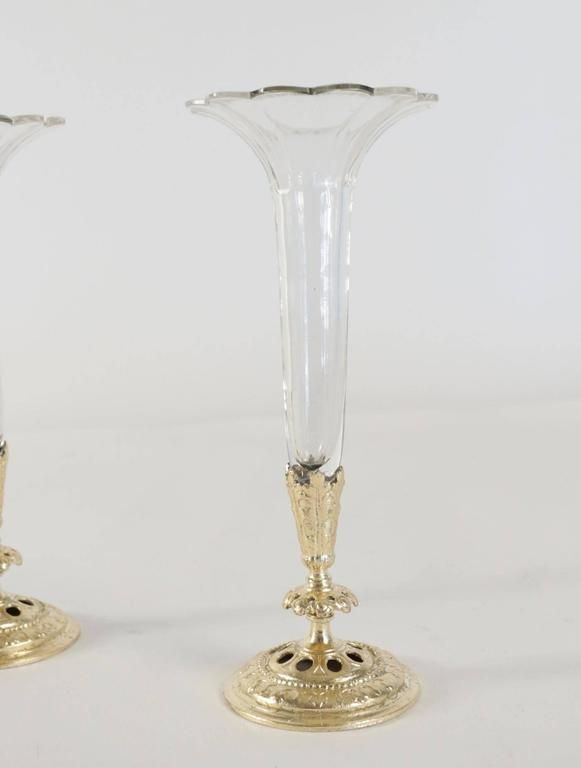 Pair Of Bud Vases, Cristal And Gold Gilt Bronze And Gold Leaf photo Home Decor