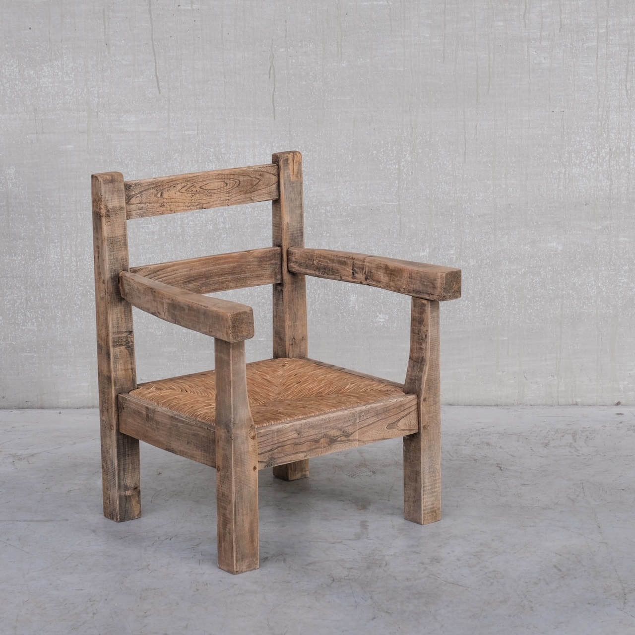 Pair Of Mid Century French Rush Primitive Oak Armchairs photo for sale