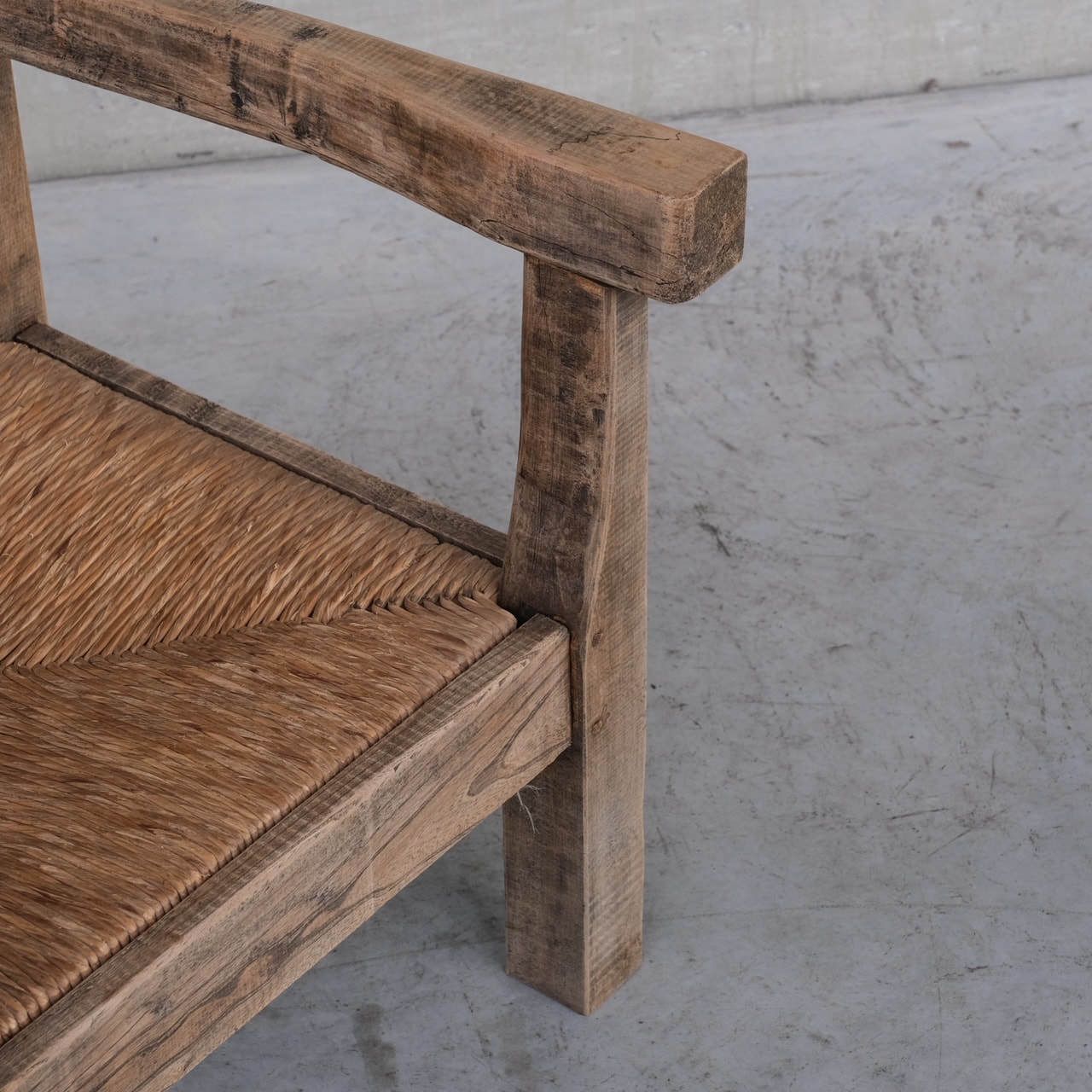 Pair Of Mid Century French Rush Primitive Oak Armchairs photo vintage