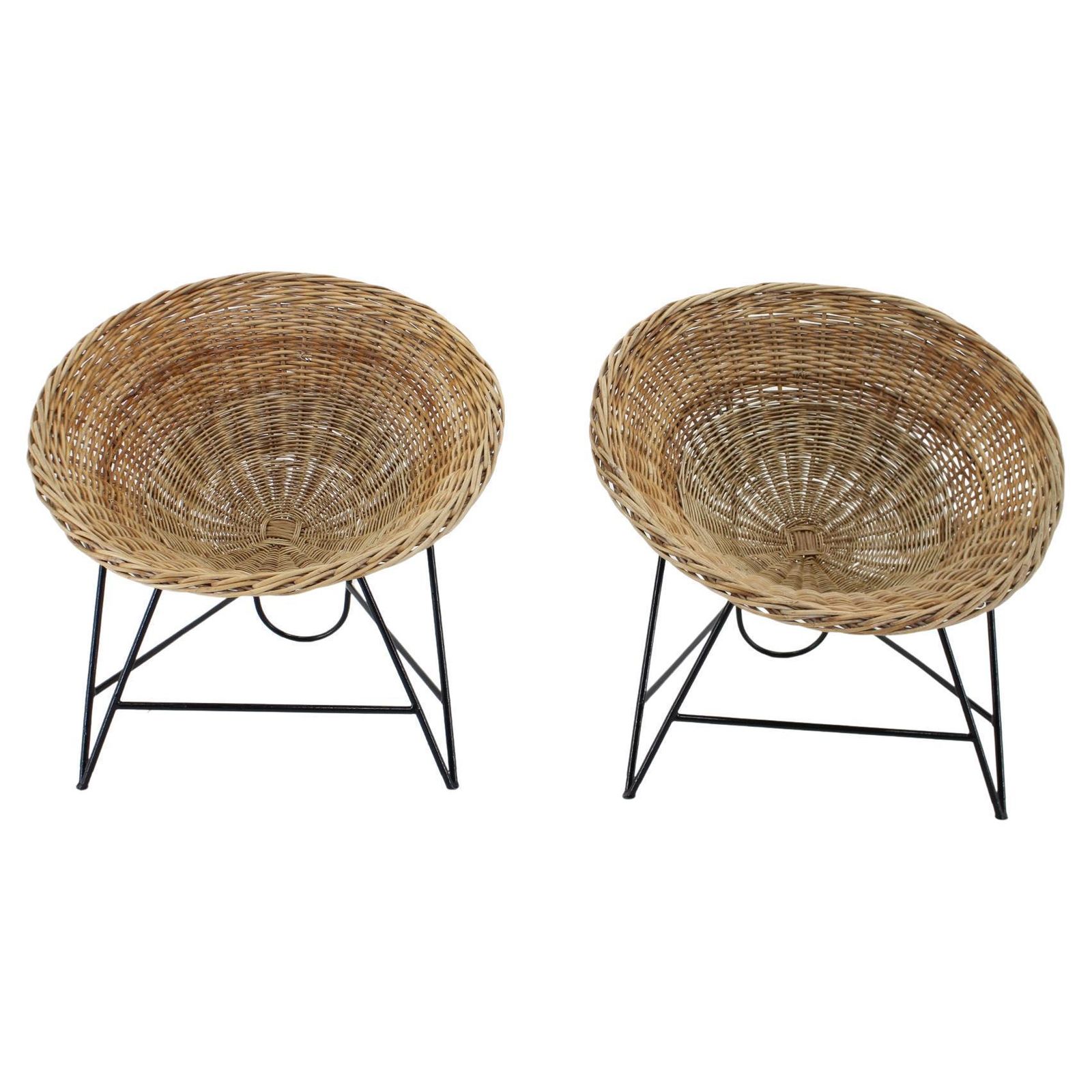 1960s Pair Of Rattan Woven Basket Chair With Hairpin Legs