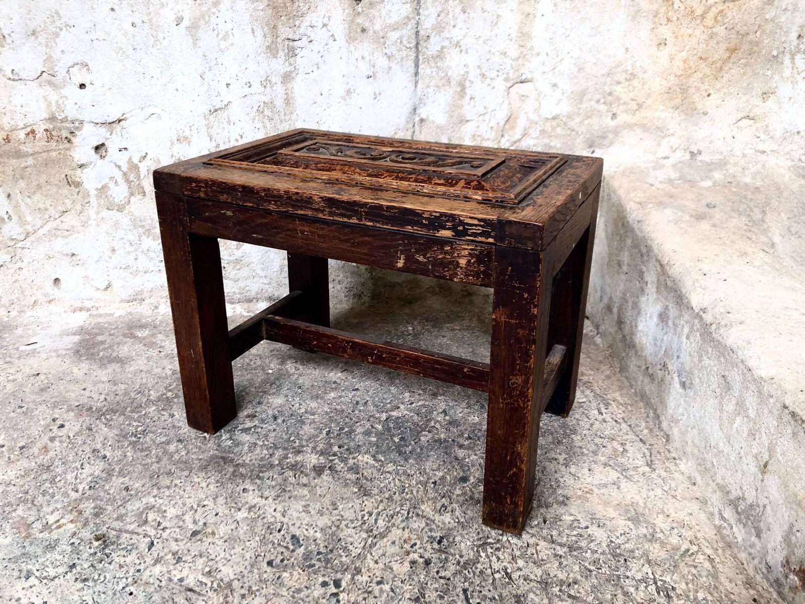 Antique Wooden Carved Foot Stool   Rustic Country Home photo 75.0