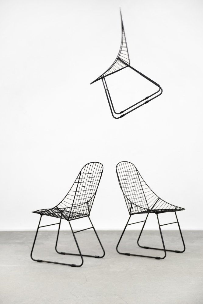 Furniture Scandinavian Mid Century Modern Minimalist Black Wire Prototype Chair, 1960s, Set Of 5 photo