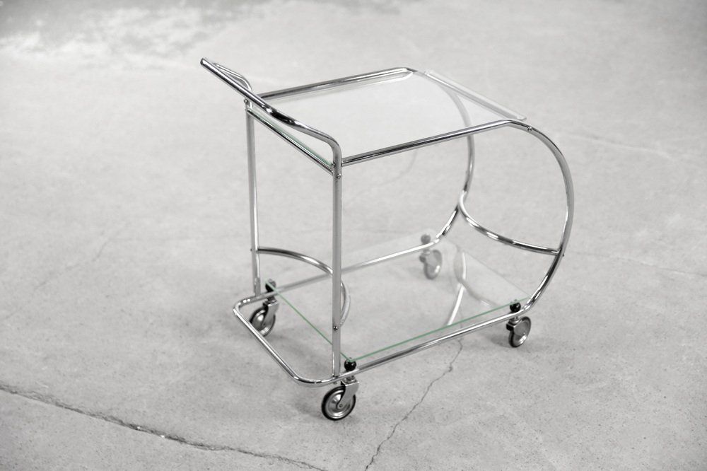 Vintage Art Dèco Tubular Steel Chrome Plated And Glass Bar Cart, 1950s photo Furniture