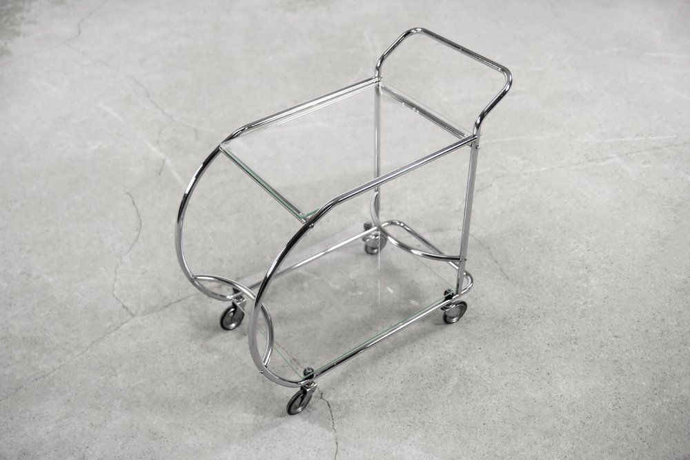 photo for sale Vintage Art Dèco Tubular Steel Chrome Plated And Glass Bar Cart, 1950s