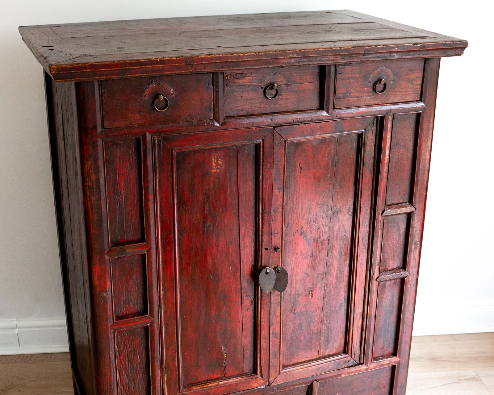 Rare Late 18th Century Chinese Red Lacquered Panelled Shanxi Wedding Cabinet Oriental photo Furniture