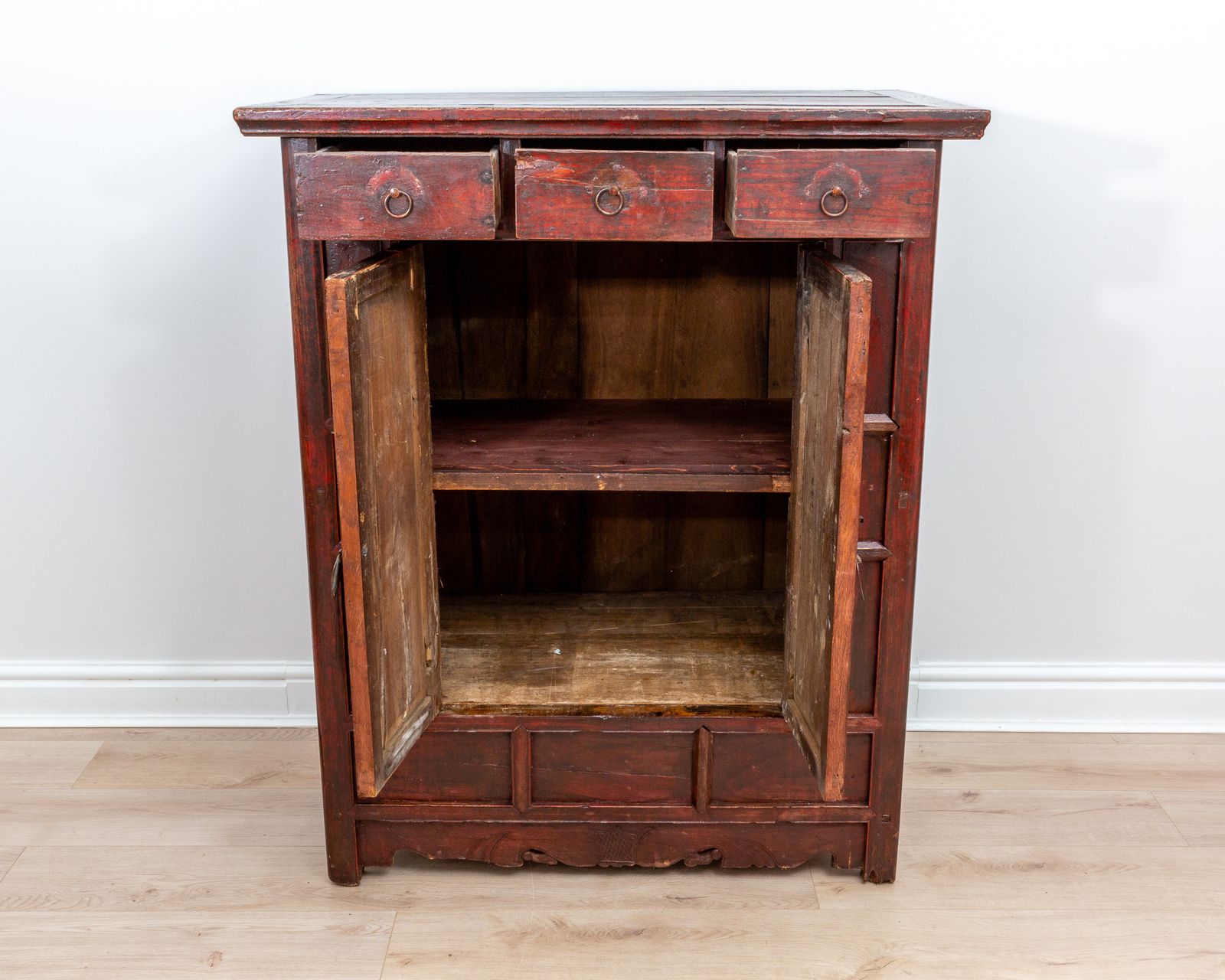 Rare Late 18th Century Chinese Red Lacquered Panelled Shanxi Wedding Cabinet Oriental photo for sale