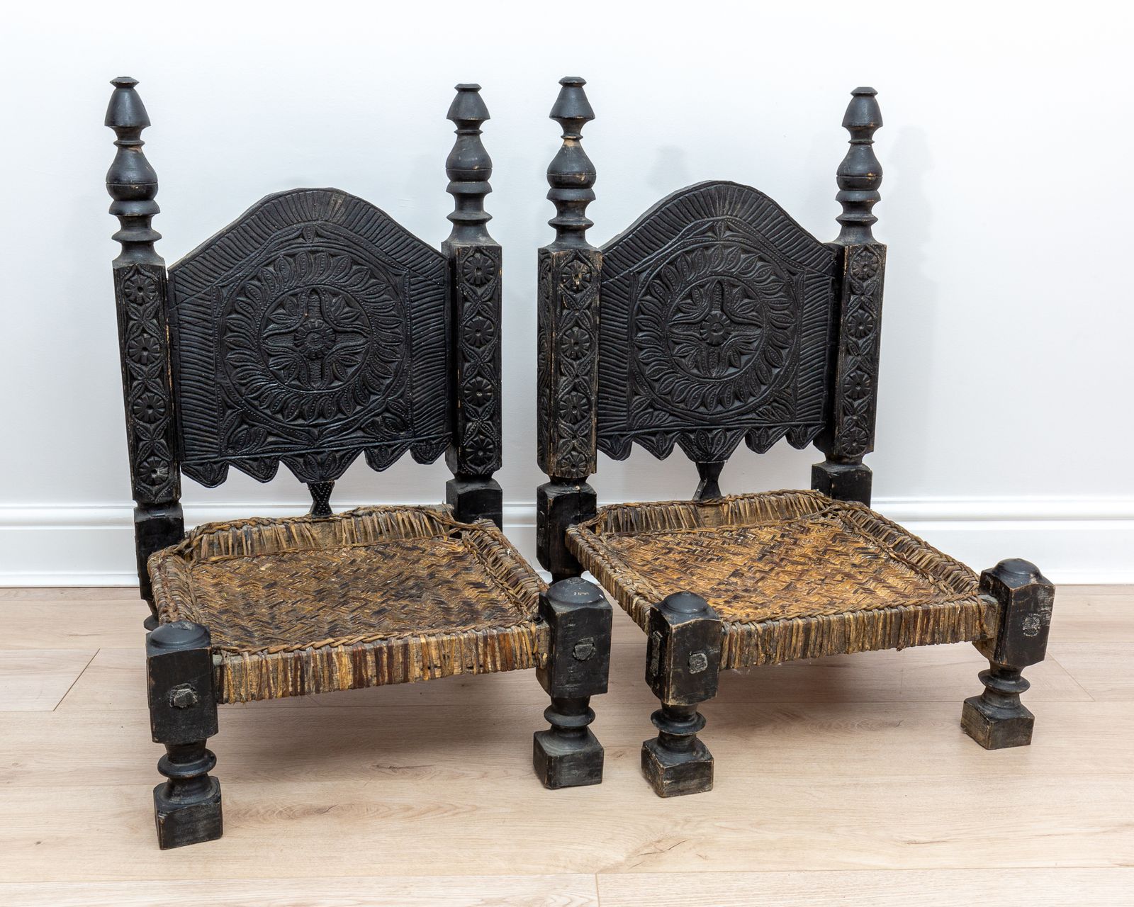 Pair Of Antique Carved Swat Valley Low Ebonised Carved Wedding Leather Chairs Ethnic Tribal photo for sale