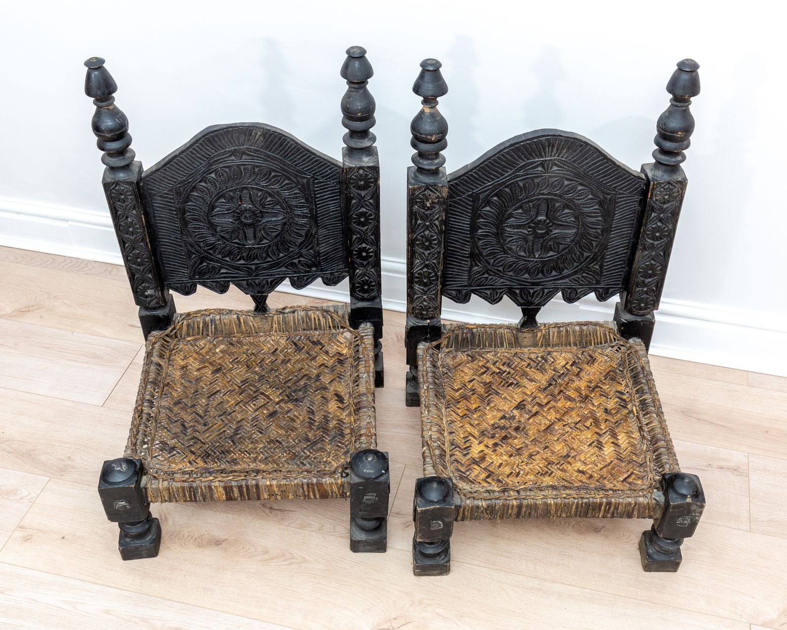 photo for sale Pair Of Antique Carved Swat Valley Low Ebonised Carved Wedding Leather Chairs Ethnic Tribal