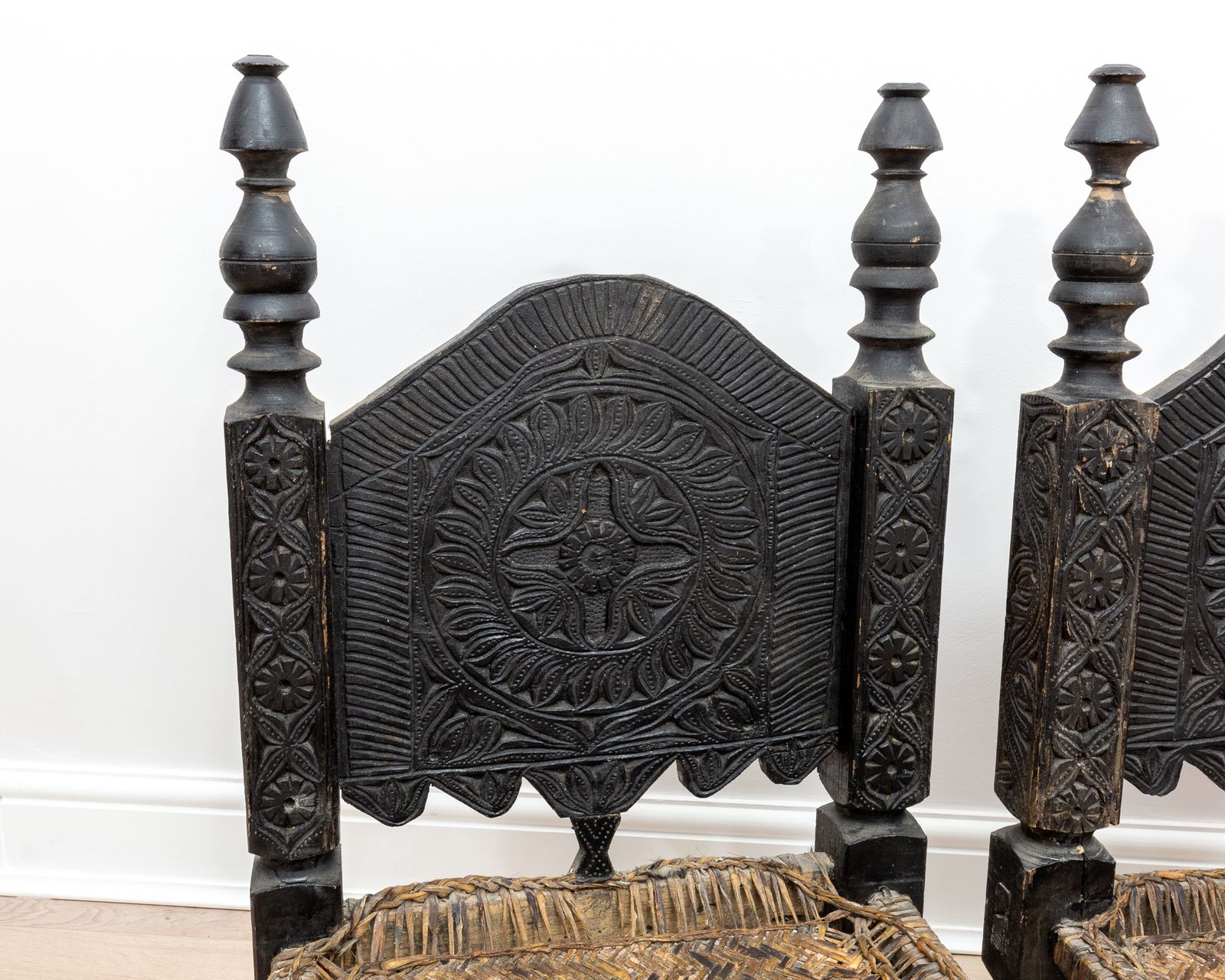 595.0 Pair Of Antique Carved Swat Valley Low Ebonised Carved Wedding Leather Chairs Ethnic Tribal photo