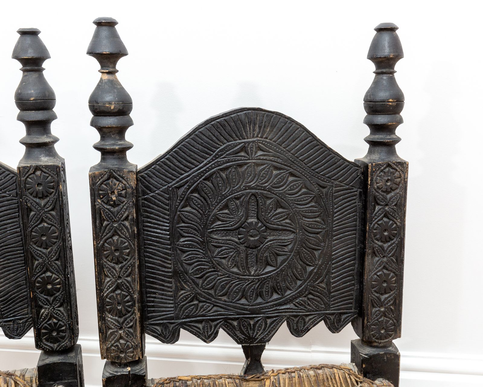 Pair Of Antique Carved Swat Valley Low Ebonised Carved Wedding Leather Chairs Ethnic Tribal photo buy