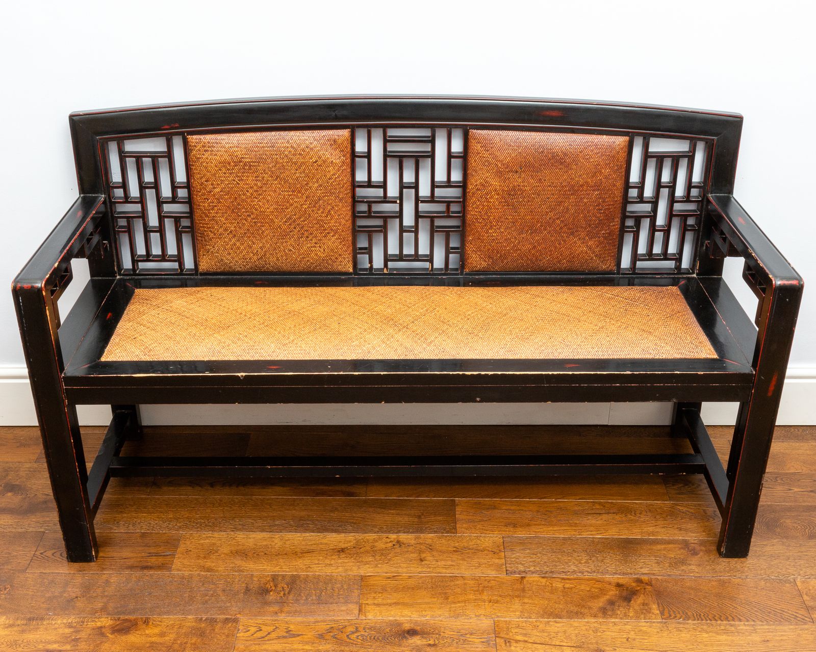 Rare Chinese Fretwork Black Lacquered Ebonised Rattan Bench Vintage Hallway Entrance Seat photo buy