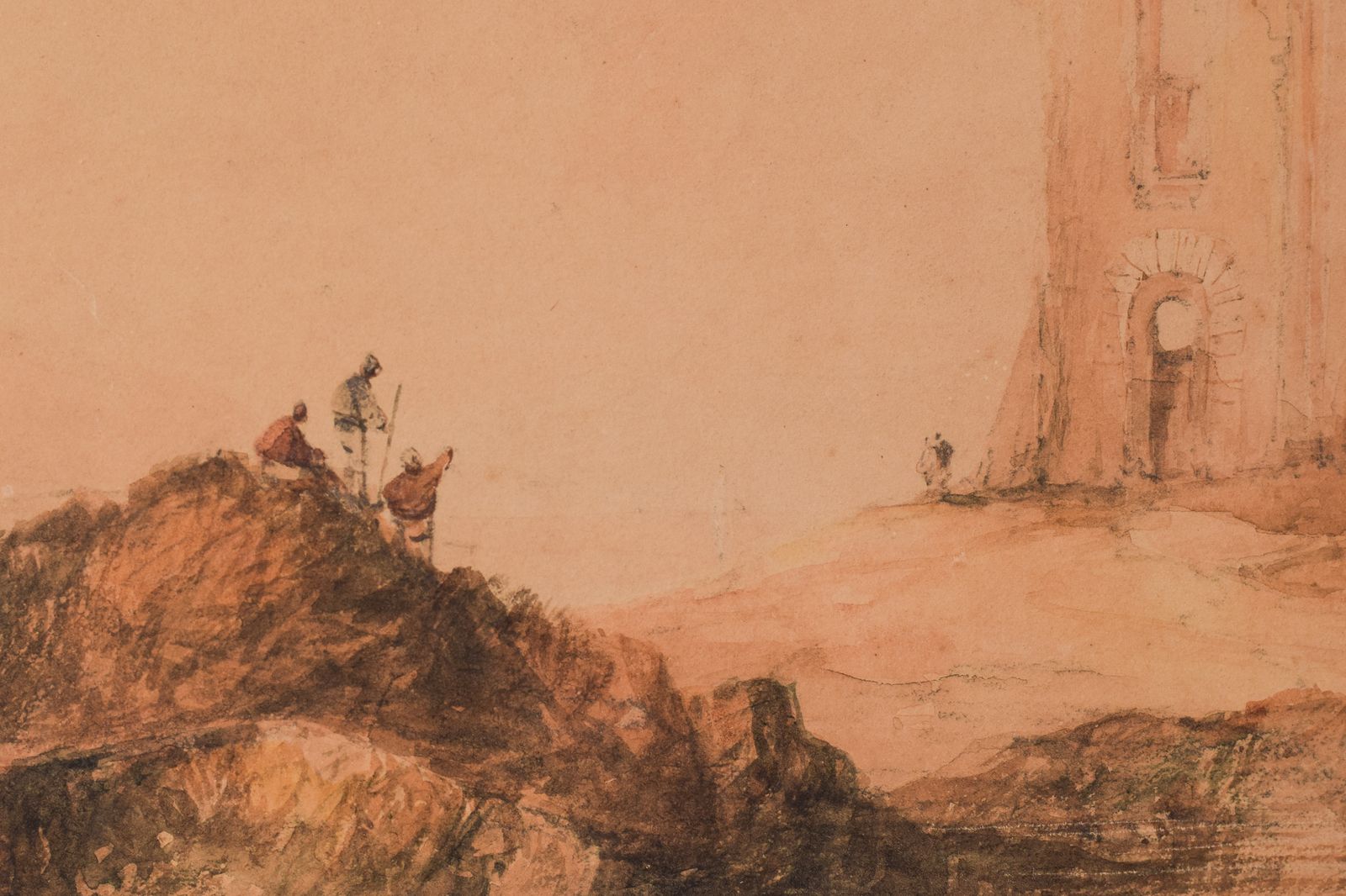 19e Eeuwse Aquarel – Figuren En Toren photo for sale
