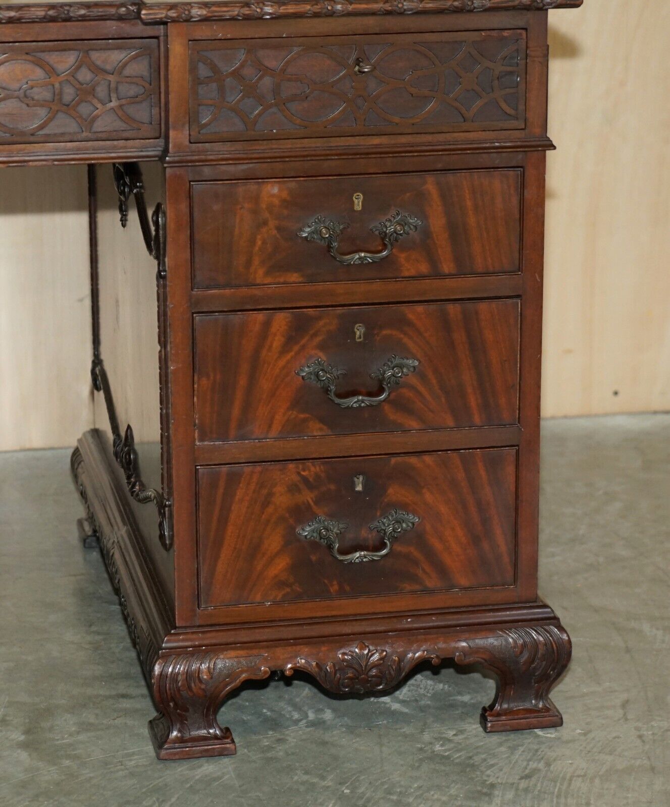 Antique Thomas Chippendale Revival Inverted Breakfront Partner Desk Leather Top photo 4750.0