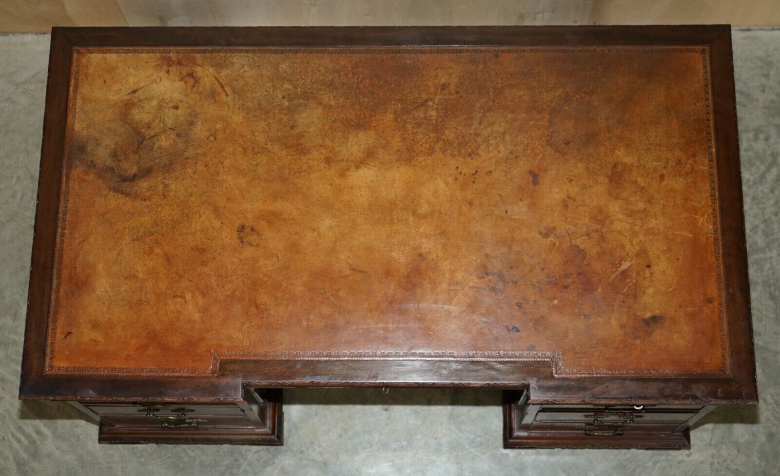 Antique Thomas Chippendale Revival Inverted Breakfront Partner Desk Leather Top photo vinterior