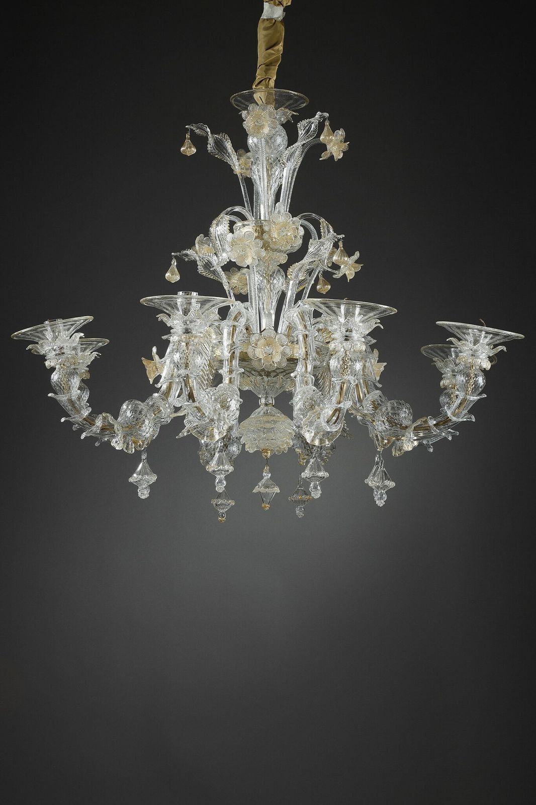 Large Murano Glass Chandelier With Eight Arms Of Light Decorated With Gold photo furniture