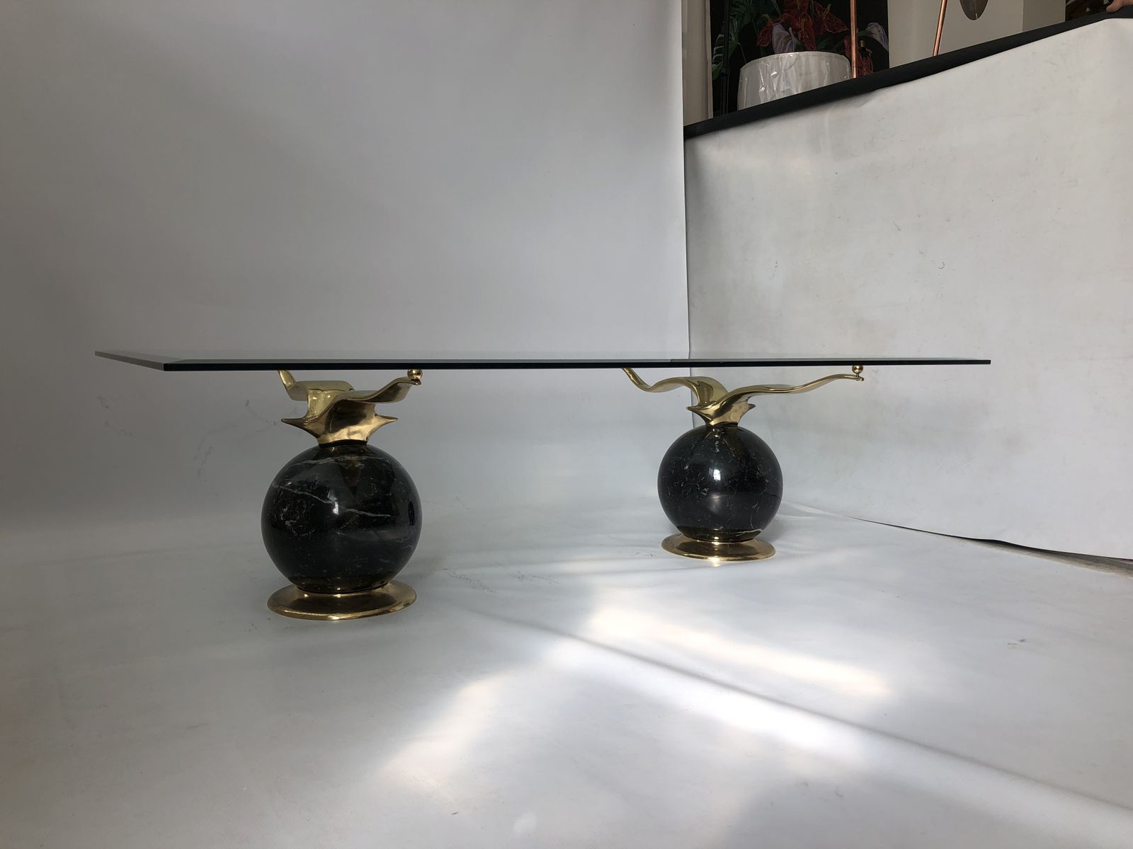 Hollywood Regency Marble Brass Birds Glass Coffee Table 1970s Gold 80s Albatross photo furniture