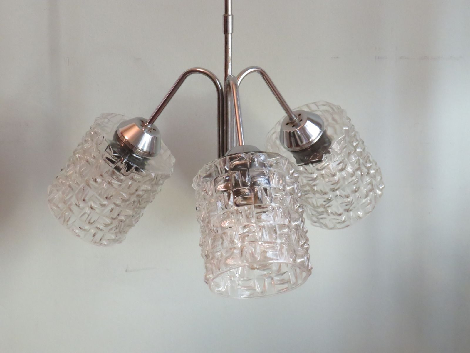 Mid Century Chandelier, Chrome And Glass, Belgium 1960