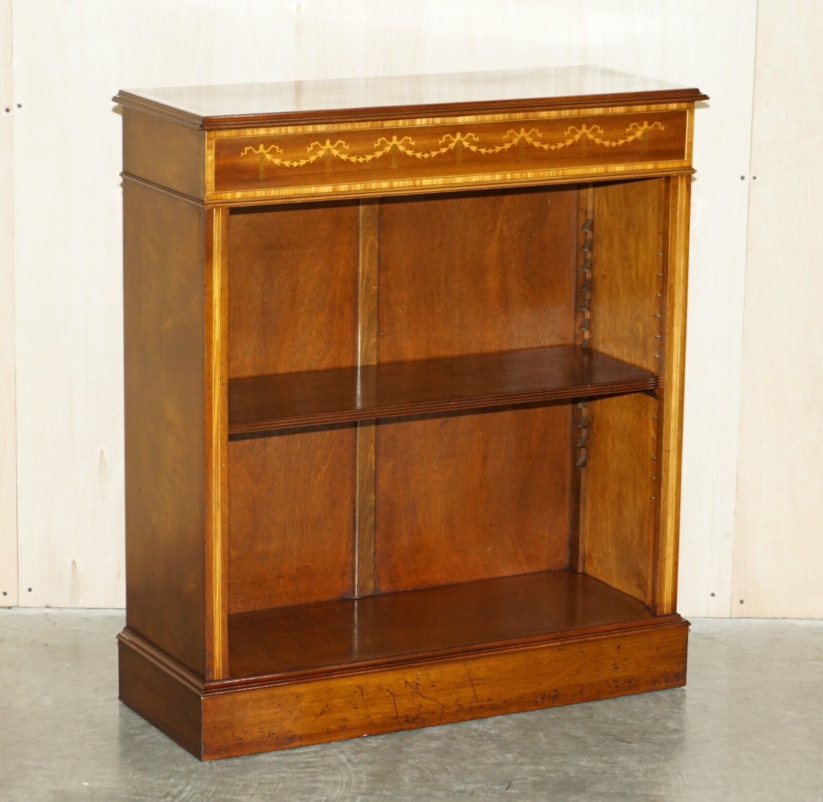 Brights Of Nettlebed Sheraton Burr Elm Walnut Inlay Dwarf Library Open Bookcase