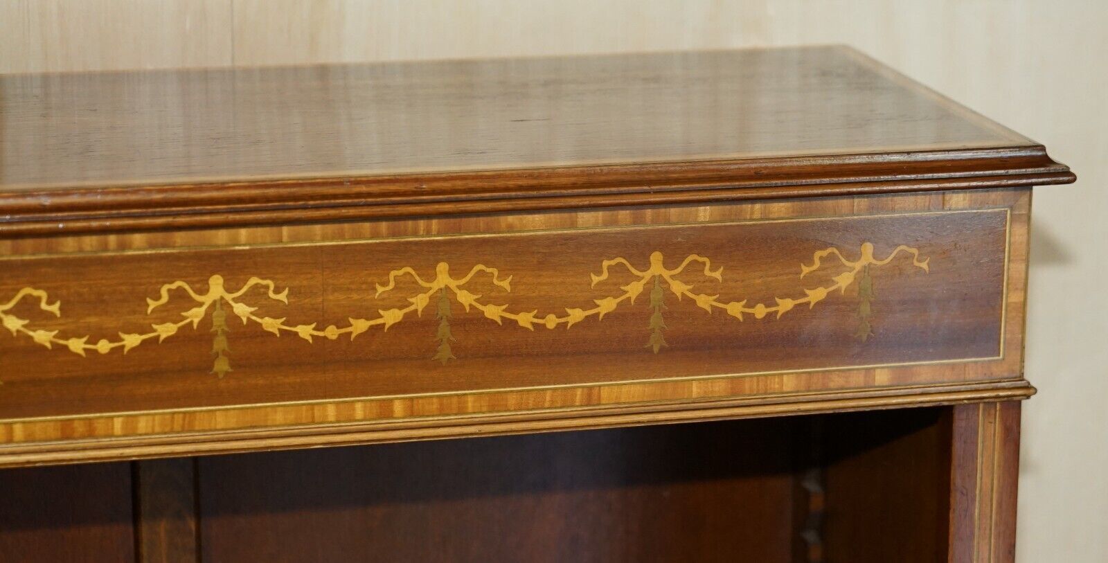 Brights Of Nettlebed Sheraton Burr Elm Walnut Inlay Dwarf Library Open Bookcase photo vinterior
