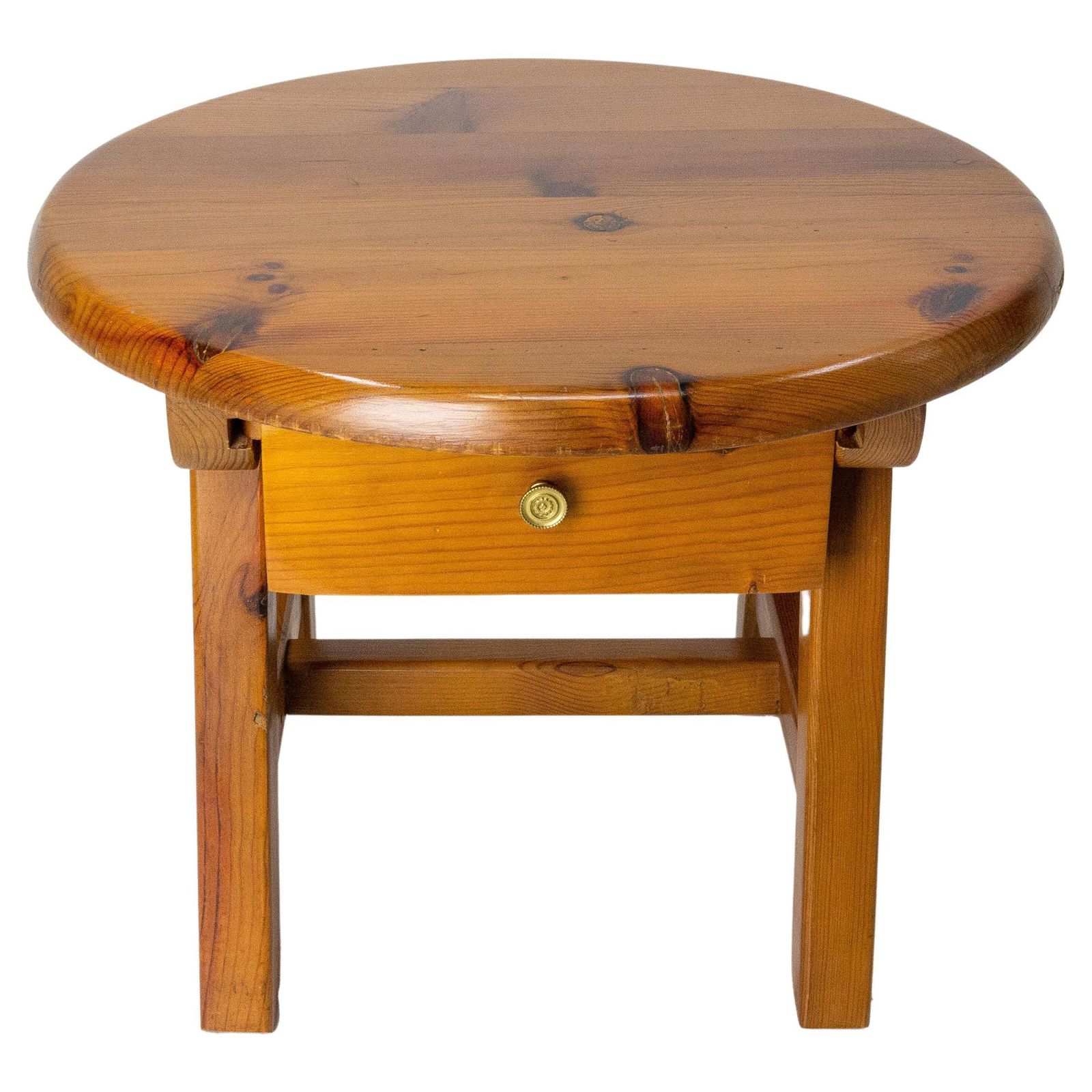 Table basse ronde française en pin avec tiroir, table de chevet, vers 1970