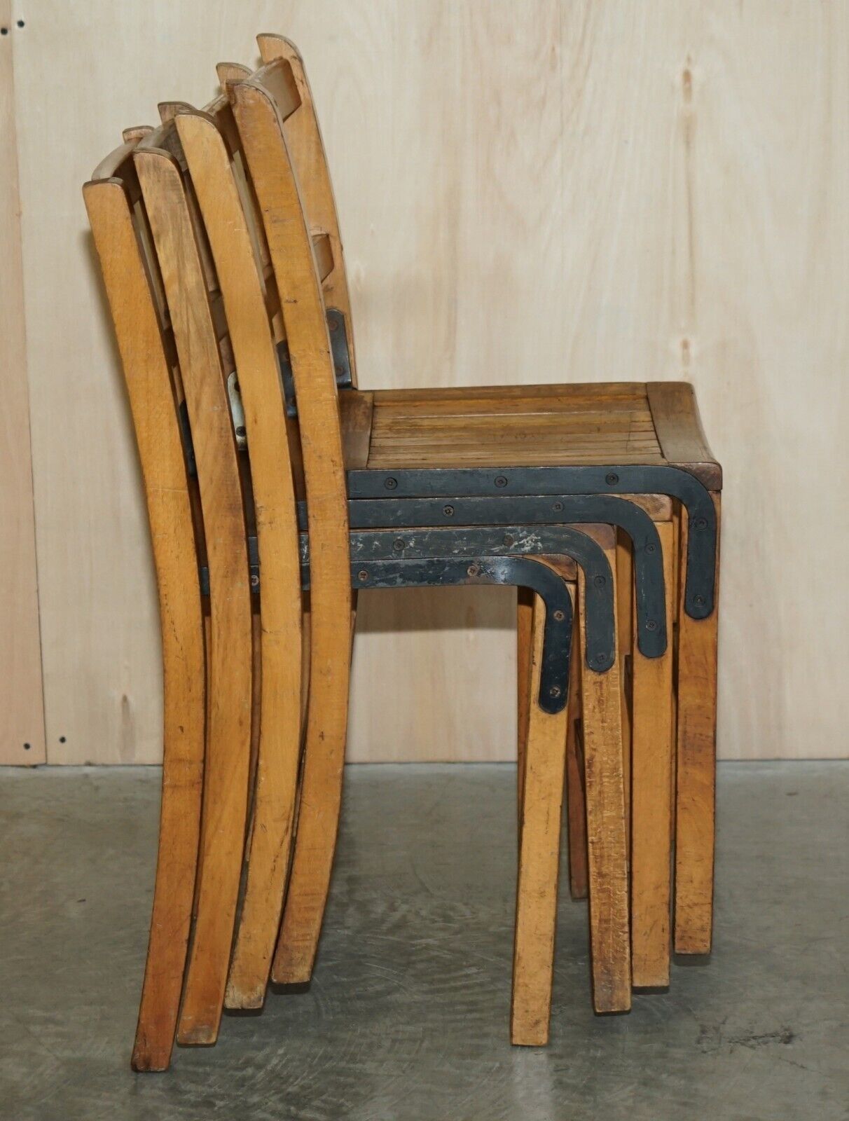 Nice Vintage Set Of Circa 1930's English Oak Stacking Chairs With Period Finish photo for sale